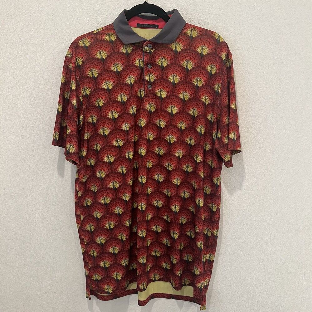 Greyson Polo Shirt Men Large Red Short Sleeve Golf Performance Peacock Print - Picture 2 of 6